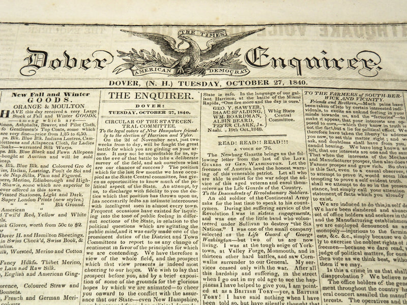 1840 OCTOBER 27 DOVER ENQUIRER NEWSPAPER - HARRISON - VOICE OF VICTORY - NP 8982