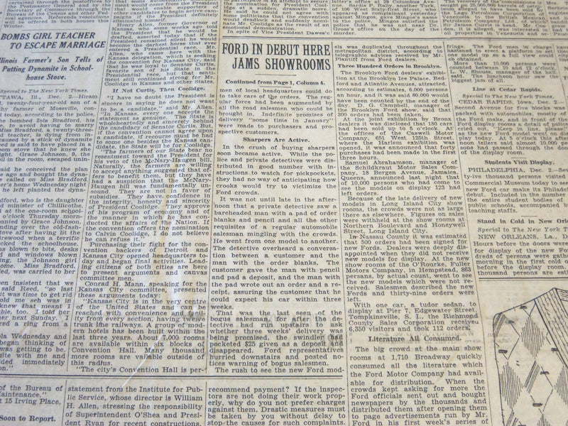 1927 DECEMBER 3 NEW YORK TIMES - FORD IN DEBUT HERE JAMS SHOWROOMS - NT 6286