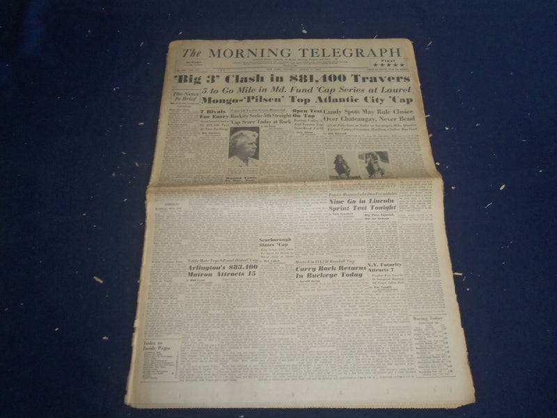 1963 AUGUST 17 THE MORNING TELEGRAPH - BIG 3 CLASH IN $81,400 TRAVERS - NP 5551