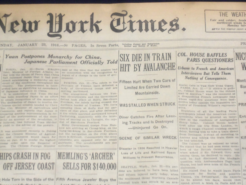 1916 JANUARY 23 NEW YORK TIMES - 6 DIE IN TRAIN HIT BY AVALANCHE - NT 9068