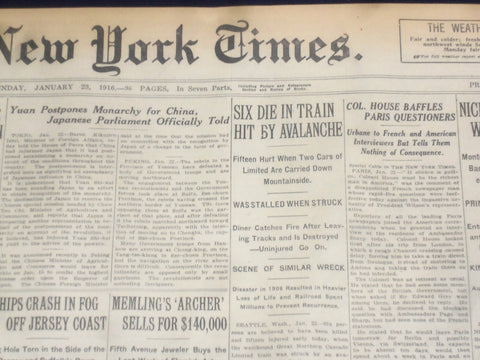 1916 JANUARY 23 NEW YORK TIMES - 6 DIE IN TRAIN HIT BY AVALANCHE - NT 9068