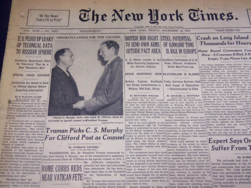 1949 DECEMBER 23 NEW YORK TIMES - TRUMAN PICKS MURPHY AS COUNSEL - NT 3654