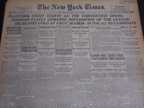 1920 JUNE 9 NEW YORK TIMES - PLATFORM FIGHT STARTS AS CONVENTION OPENS - NT 6947
