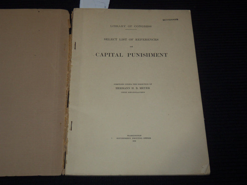 1912 CAPITAL PUNISHMENT SELECT LIST OF REFERENCES BOOK - HERMANN MEYER - K 3104