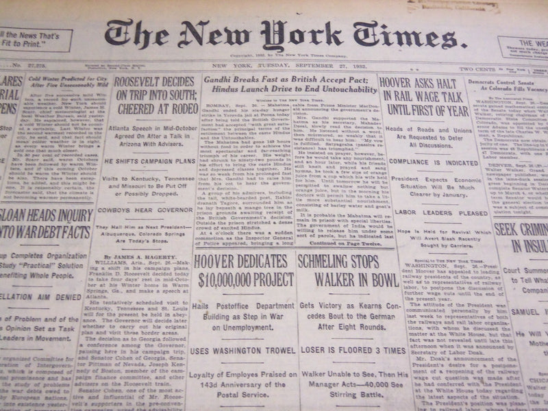 1932 SEPTEMBER 27 NEW YORK TIMES - GANDHI BREAKS FAST, SCHMELING - NT 4820