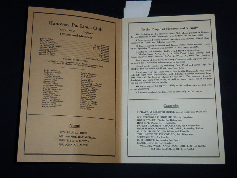 1941 THE BARS AND STRIPES MINSTREL PROGRAM - HANOVER, PENNSYLVANIA - J 8982
