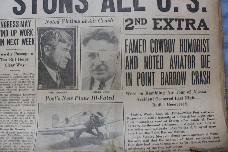1935 AUGUST 16 PEORIA EVENING STAR NEWSPAPER - POST AND ROGERS KILLED - NP 9224