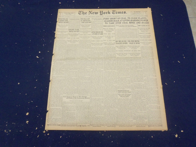 1922 AUGUST 27 NEW YORK TIMES - FORD SHORT OF COAL, TO CLOSE PLANTS - NT 8382