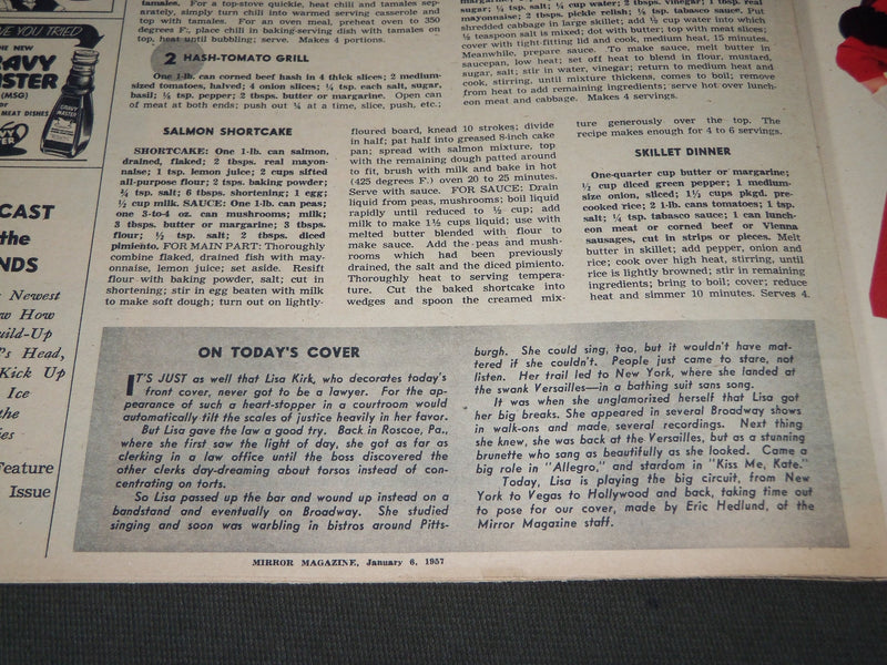 1957 JANUARY 6 NY SUNDAY MIRROR MAGAZINE SECTION - LISA KIRK COVER - J 2898