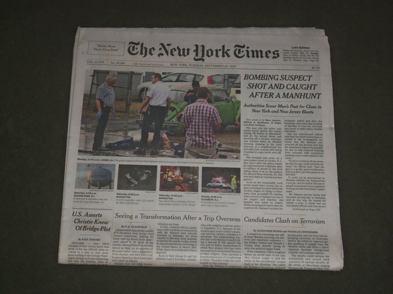 2016 SEP 20 NEW YORK TIMES - NY/NJ BOMBING SUSPECT SHOT & CAUGHT AFTER MANHUNT