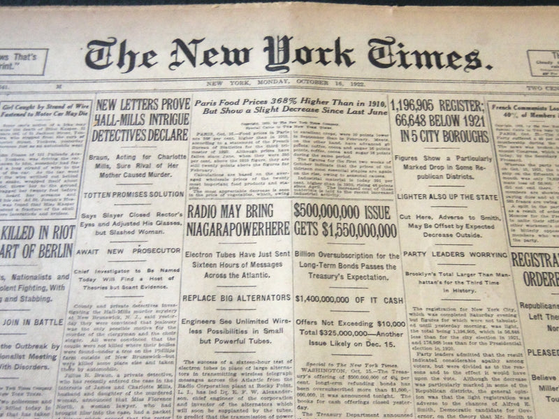 1922 OCTOBER 16 NEW YORK TIMES - RADIO MAY BRING NIAGARA POWER HERE - NT 5827