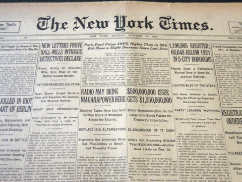 1922 OCTOBER 16 NEW YORK TIMES - RADIO MAY BRING NIAGARA POWER HERE - NT 5827