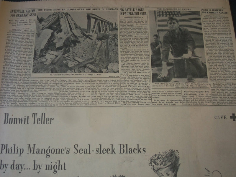 1945 APRIL 1 NEW YORK TIMES NEWSPAPER -ALLIES SWEEP IN REICH ROUT GROWS- NT 7285