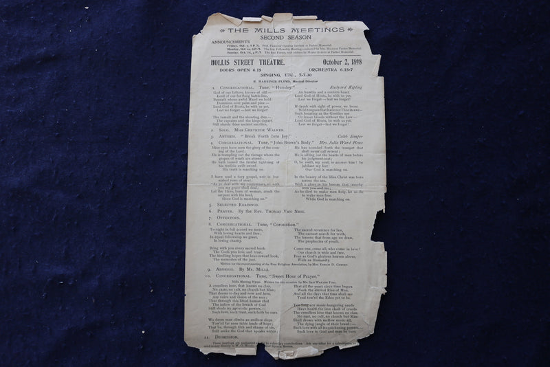 1898 OCTOBER 2 THE MILLS MEETINGS-HOLLIS STREET THEATRE - PROGRAM-BOSTON- K 1684