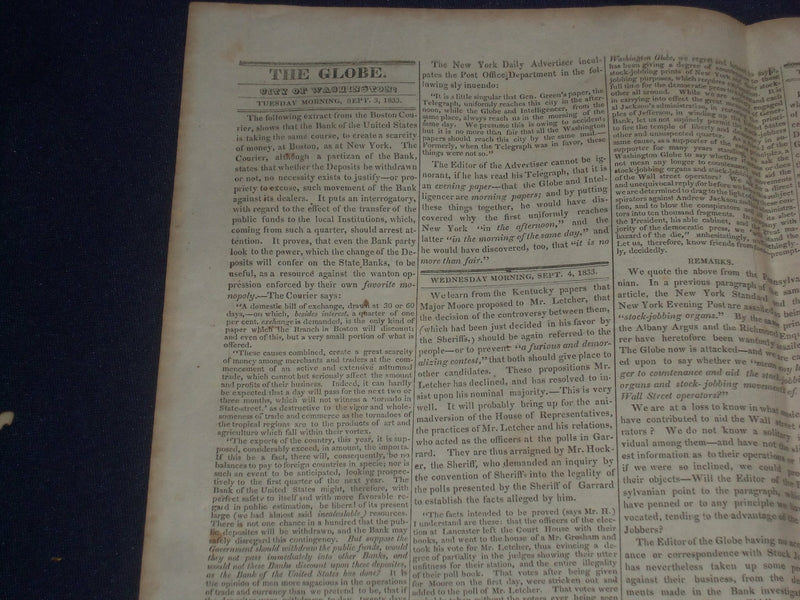 1833 SEPTEMBER 5 THE GLOBE NEWSPAPER - U.S. BANK - JACKSON - NP 5076