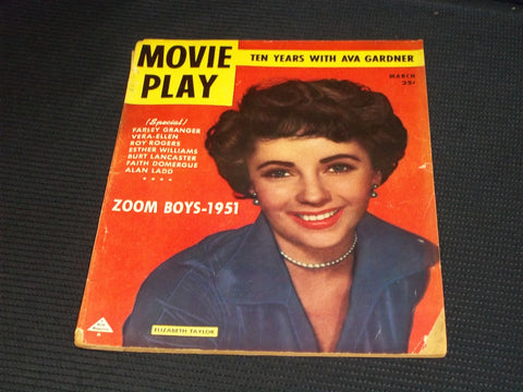 1951 MARCH MOVIE PLAY MAGAZINE - LIZ TAYLOR FRONT COVER - E 15153