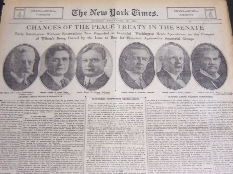 1919 SEPT 28 NY TIMES DRAMA SECTION - CHANCES OF PEACE TREATY SENATE - NT 7099