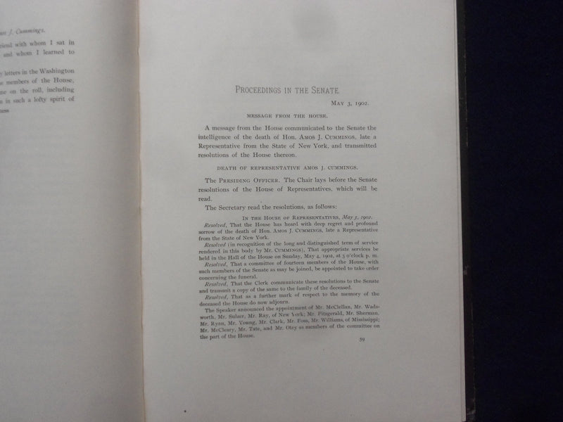 1903 AMOS J. CUMMINGS MEMORIAL ADDRESSES HARDCOVER BOOK - K 201