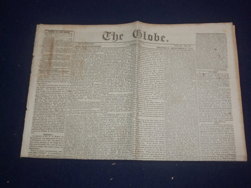 1833 SEPTEMBER 5 THE GLOBE NEWSPAPER - U.S. BANK - JACKSON - NP 5076