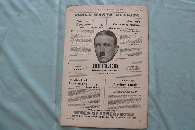 1934 AUGUT 29 THE CHRISTIAN CENTURY, A JOURNAL OF RELIGION SOFTCOVER - K 3303