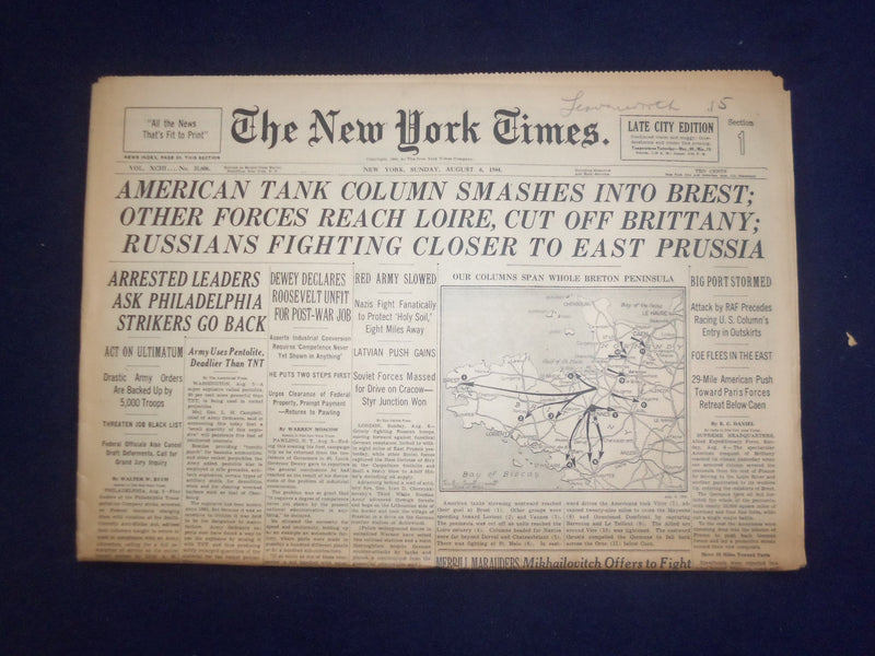 1944 AUG 6 NEW YORK TIMES - AMERICAN TANK COLUMN SMASHES INTO BREST - NP 6601