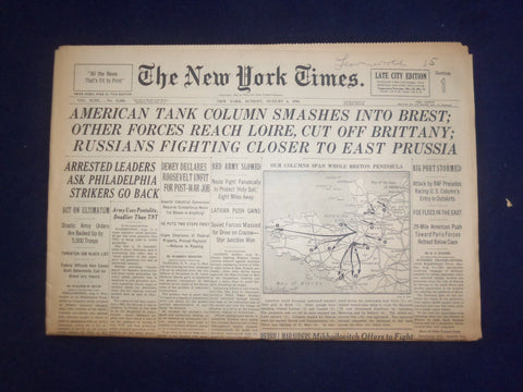 1944 AUG 6 NEW YORK TIMES - AMERICAN TANK COLUMN SMASHES INTO BREST - NP 6601
