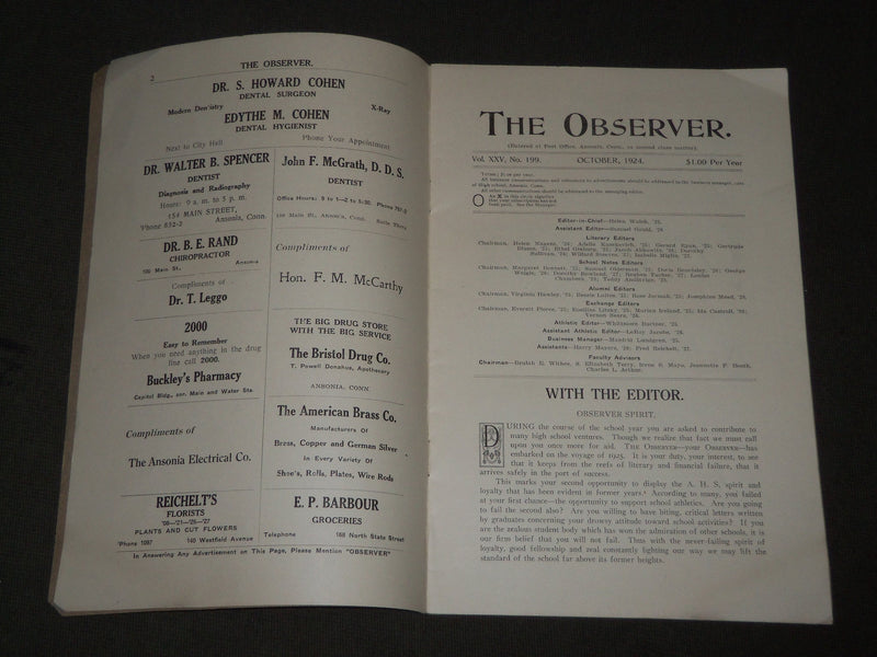 1924 OCTOBER THE OBSERVER ANSONA HIGH SCHOOL MAGAZINE - CONNECTICUT - J 2803