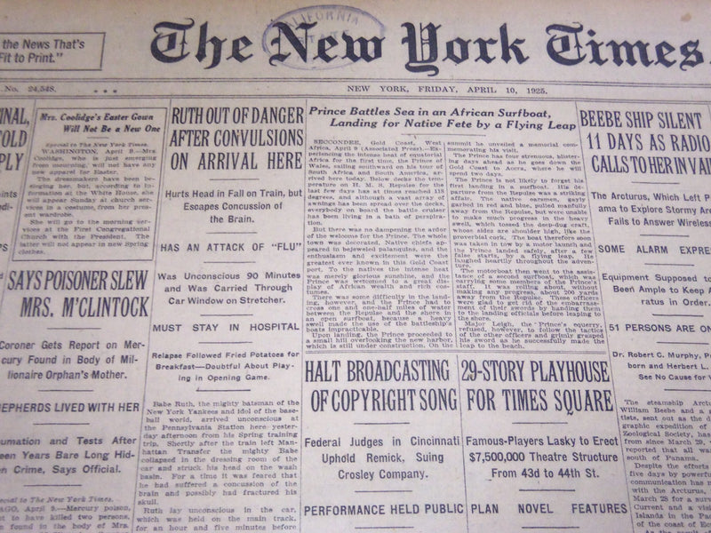 1925 APRIL 10 NEW YORK TIMES - RUTH OUT OF DANGER AFTER CONVULSIONS - NT 5113