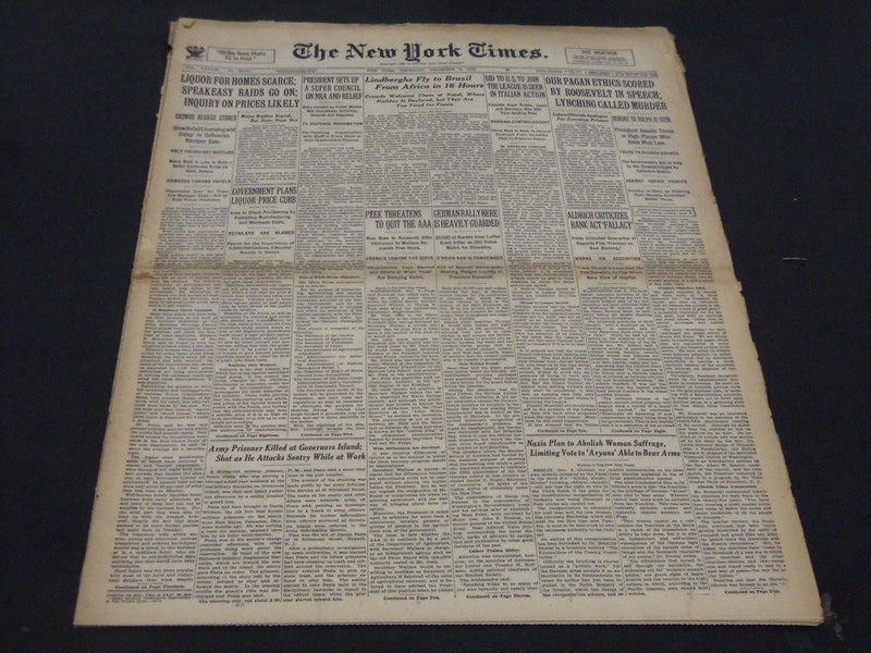 1933 DECEMBER 7 NEW YORK TIMES - LINDBERGHS FLY TO BRAZIL FROM AFRICA - NT 5265