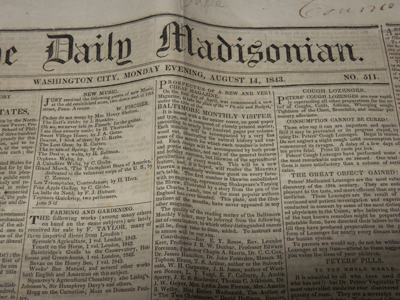 1843 AUGUST 14 THE DAILY MADISONIAN NEWSPAPER - JOHN TYLER -WASHINGTON- NP 3877G