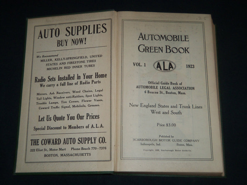 1923 AUTOMOBILE ALA GREEN BOOK - VOLUME 1 - STATES & TRUCK LINES - KD 5551