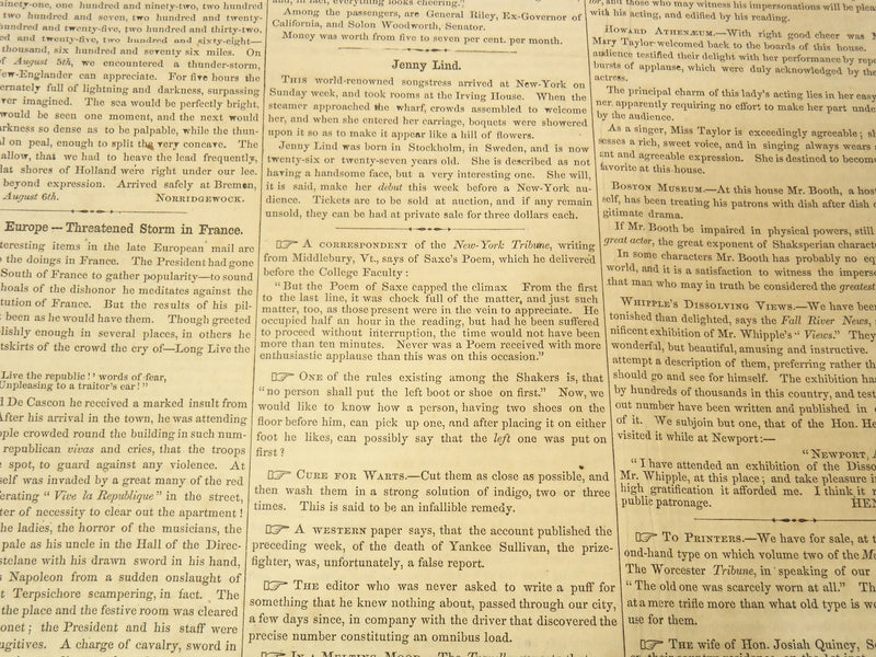 1850 SEPTEMBER 14 BOSTON MUSEUM NEWSPAPER - JENNY LIND - GIRAFFE - NP 9054