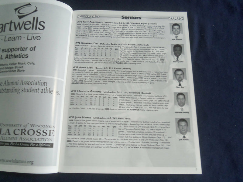 2005 OCTOBER 29 FOOTBALL PROGRAM - UNIV WI-STOUT VS UNIV WI-LACROSSE - SP 1218F