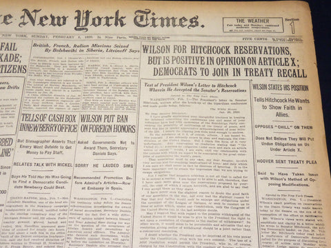 1920 FEBRUARY 8 NEW YORK TIMES - WILSON FOR HITCHCOCK RESERVATIONS - NT 7864