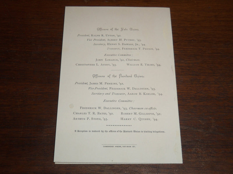 1892 JANUARY 14 YALE UNION AND HARVARD UNION JOINT DEBATE PROGRAM - K 1206