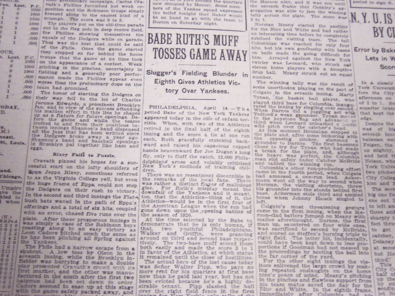 1920 APRIL 15 NEW YORK TIMES - BABE RUTH MUFFS IN FIRST YANKEE GAME - NT 5300