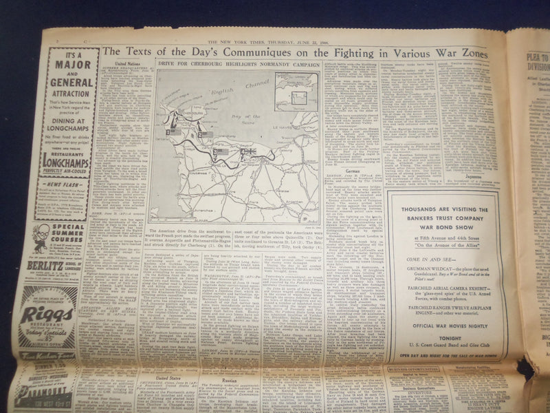 1944 JUNE 22 NEW YORK TIMES -AMERICAN TROOPS BATTLE TO ENTER CHERBOURG - NP 6574