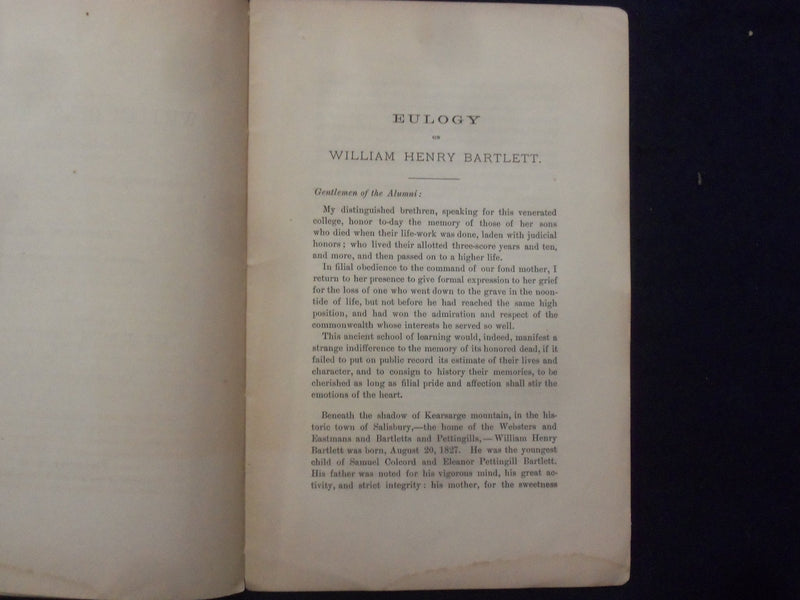 1881 EULOGY ON WILLIAM HENRY BARTLETT SOFTCOVER BOOKLET - DARTMOUTH COLL.- K 251