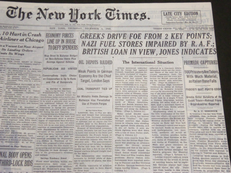 1940 DECEMBER 5 NEW YORK TIMES - GREEKS DRIVE FOE FROM 2 KEY POINTS - NT 7050