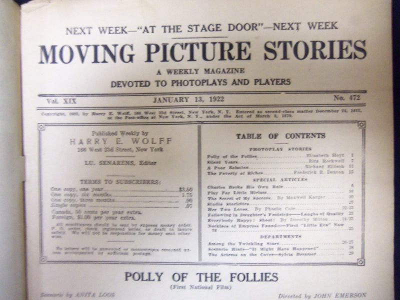 1922 JANUARY 13 MOVING PICTURE STORIES MAGAZINE - SYLVIA BREAMER - ST 833