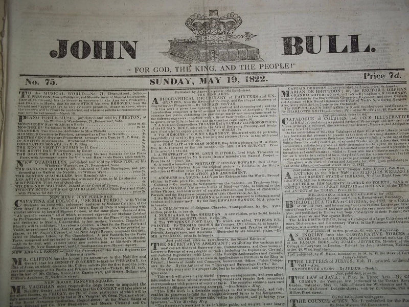 1822 JOHN BULL NEWSPAPER LOT OF 19 DIFF - PUBLISHED IN LONDON - #57-75 - NP 1504