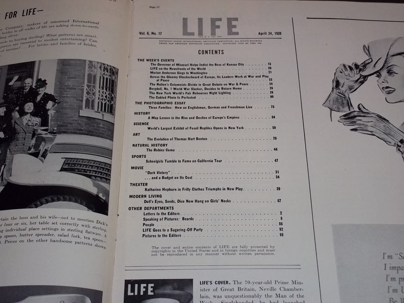 1939 APRIL 24 LIFE MAGAZINE - NEVILLE CHAMBERLAIN COVER - L 127