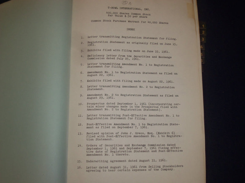 1961 T-BOWL INTERNATIONAL INC. COMMON STOCK SHARES OFFERING VOLUME - KD 3072
