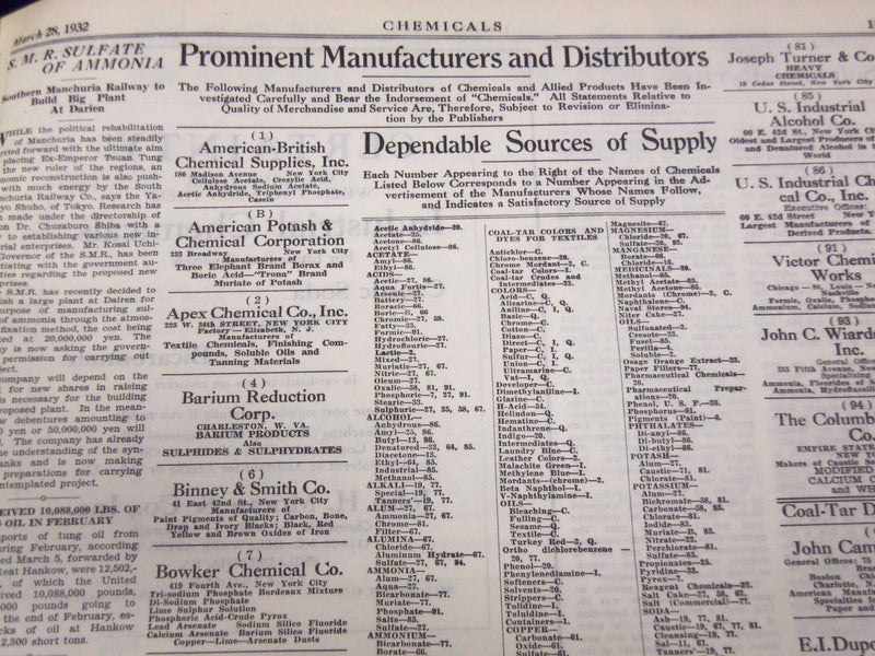 1932 JAN-DEC CHEMICALS MAGAZINE BOUND VOLUME PRICE TRENDS IMPORTS ADS - KD 662