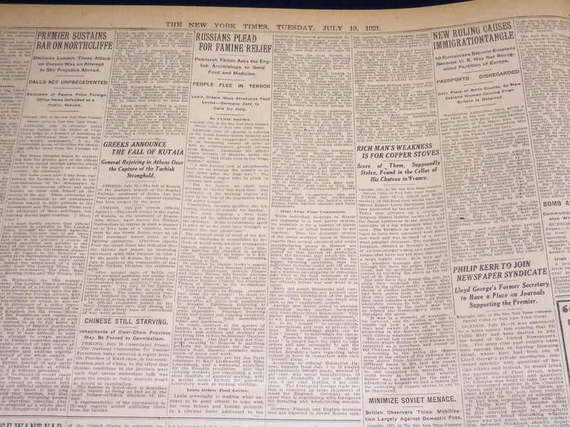 1921 JULY 19 NEW YORK TIMES NEWSPAPER - LINDEN NEW JERSEY OIL FIRE - NT 8715