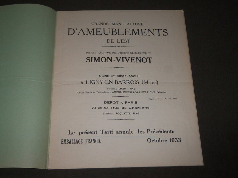 1933 SIMON-VIVENOT D'AMEUBLEMENTS DE L'EST FRENCH CATALOGUE - FR 733