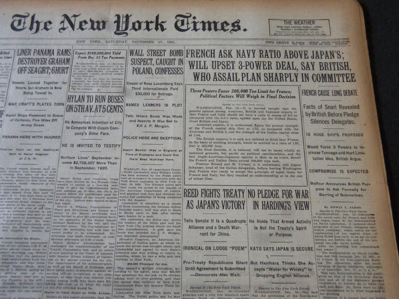 1921 DECEMBER 17 NEW YORK TIMES - FRENCH ASK NAVY RATIO ABOVE JAPAN'S - NT 6134