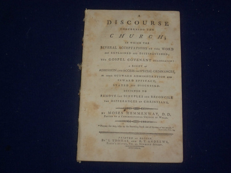 1792 A DISCOURSE CONCERNING THE CHURCH BY MOSES HEMMENWAY - J 4784