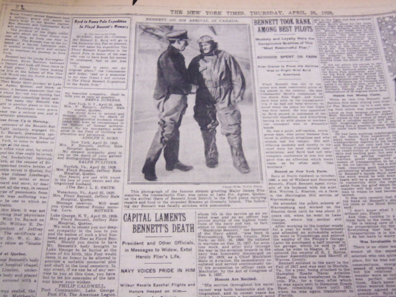 1928 APRIL 26 NEW YORK TIMES - BENNETT DIES OF PNEUMONIA IN QUEBEC - NT 5341