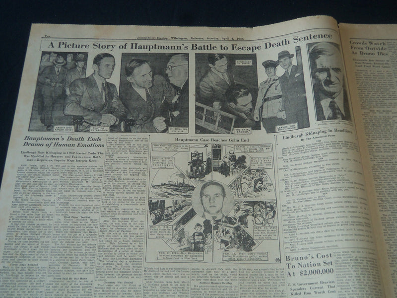 1936 APRIL 4 WILMINGTON JOURNAL NEWSPAPER - BRUNO DIES WITHOUT CONFESS - NT 7231